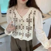 Korean Instagram autumn retro V-neck embroidered flower shirt for women, with loose and versatile puffed sleeves, is a trendy long-sleeved blouse details Picture